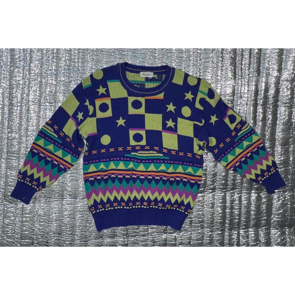 Vintage Sempione Creative Fashion Purple Green Textured Knit Metallic Sweater